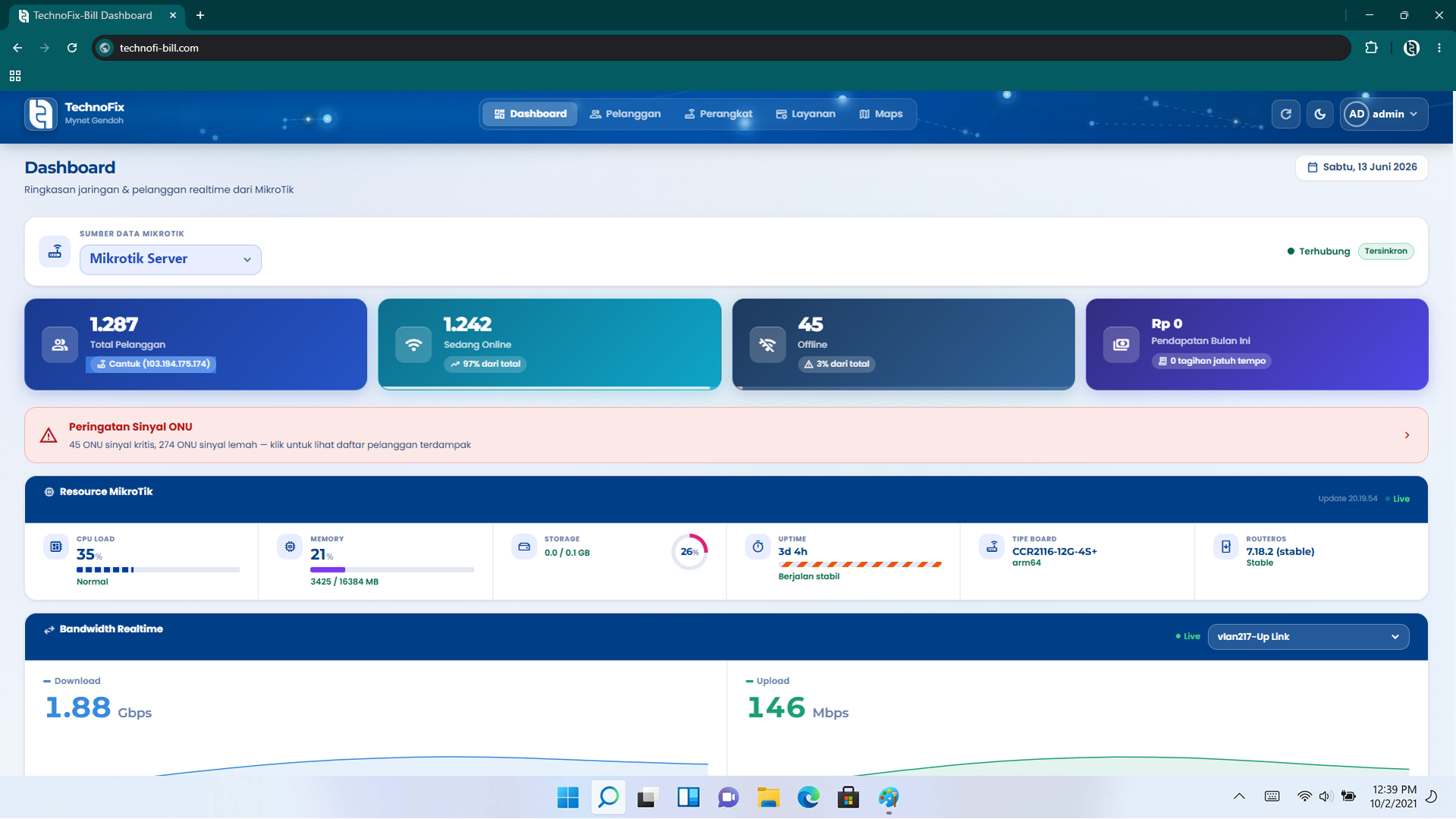 Dashboard Realtime TechnoFix-Bill